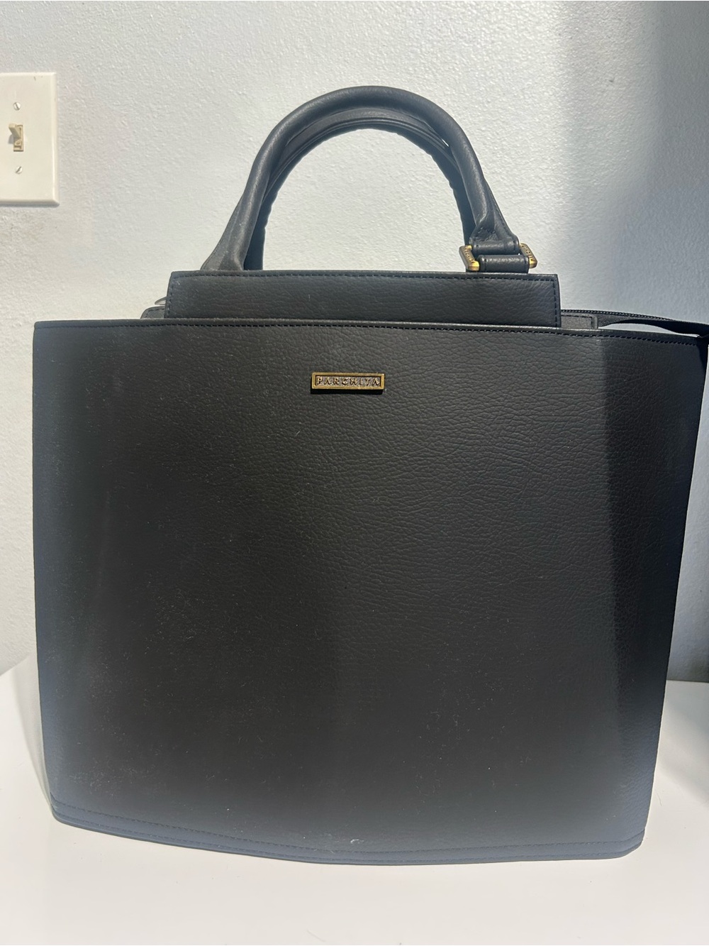 Parchita Classic Black Structured Tote Bag with Top Handles